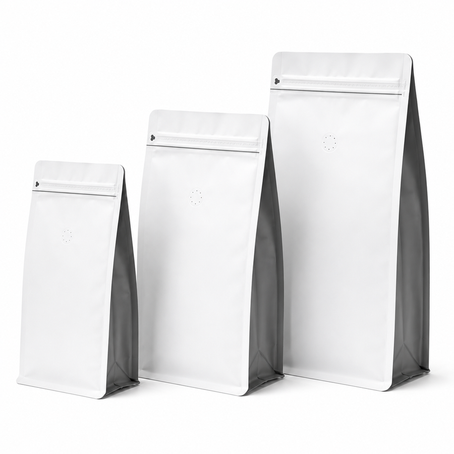 White & Grey Eight Side Seal Coffee Bag with One-Way Degassing Valve