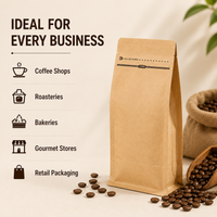 A kraft paper coffee bag stands on a beige surface with coffee beans scattered around it. To the left is marketing text reading 'IDEAL FOR EVERY BUSINESS' with icons for coffee shops, roasteries, bakeries, gourmet stores, and retail packaging.