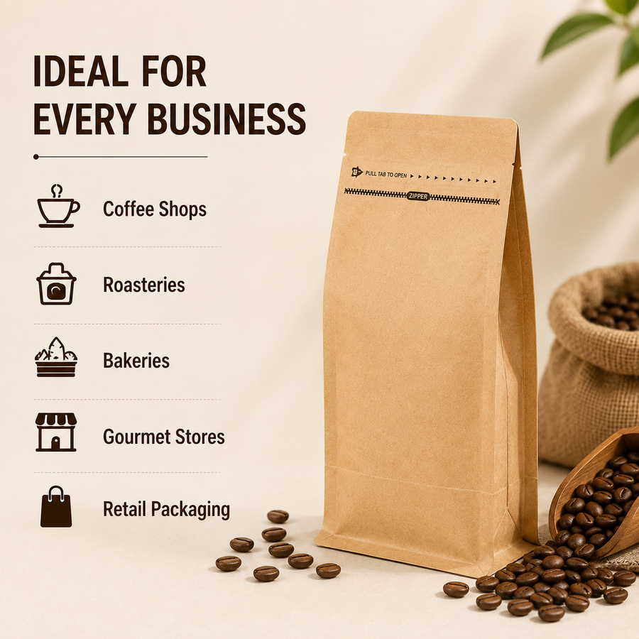 A kraft paper coffee bag stands on a beige surface with coffee beans scattered around it. To the left is marketing text reading 'IDEAL FOR EVERY BUSINESS' with icons for coffee shops, roasteries, bakeries, gourmet stores, and retail packaging.