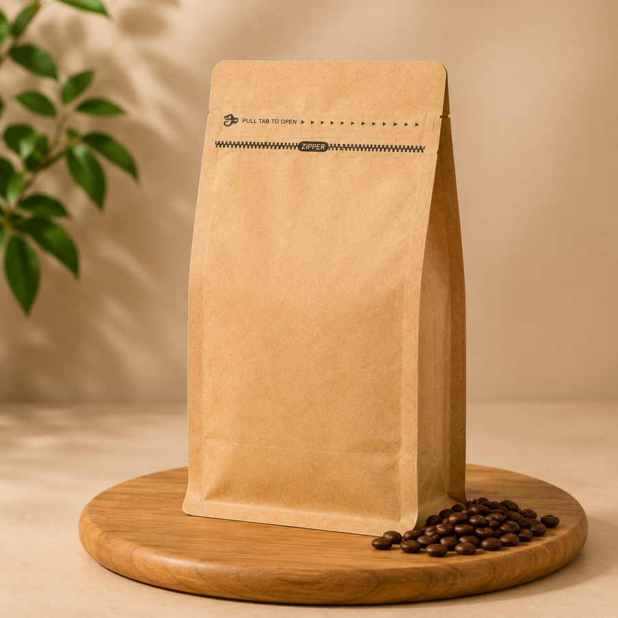 Brown Kraft Eight Side Seal Coffee Bag Features with Side Zipper and Flat Bottom