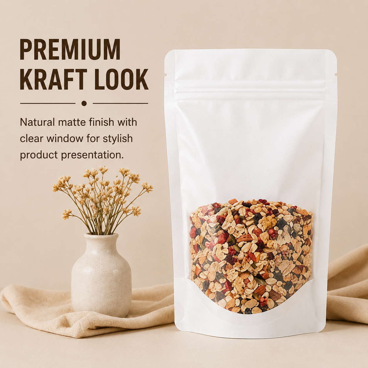 White Full Window Kraft Stand Up Pouch with Zipper