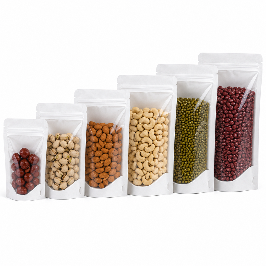 White Full Window Kraft Stand Up Pouch with Zipper