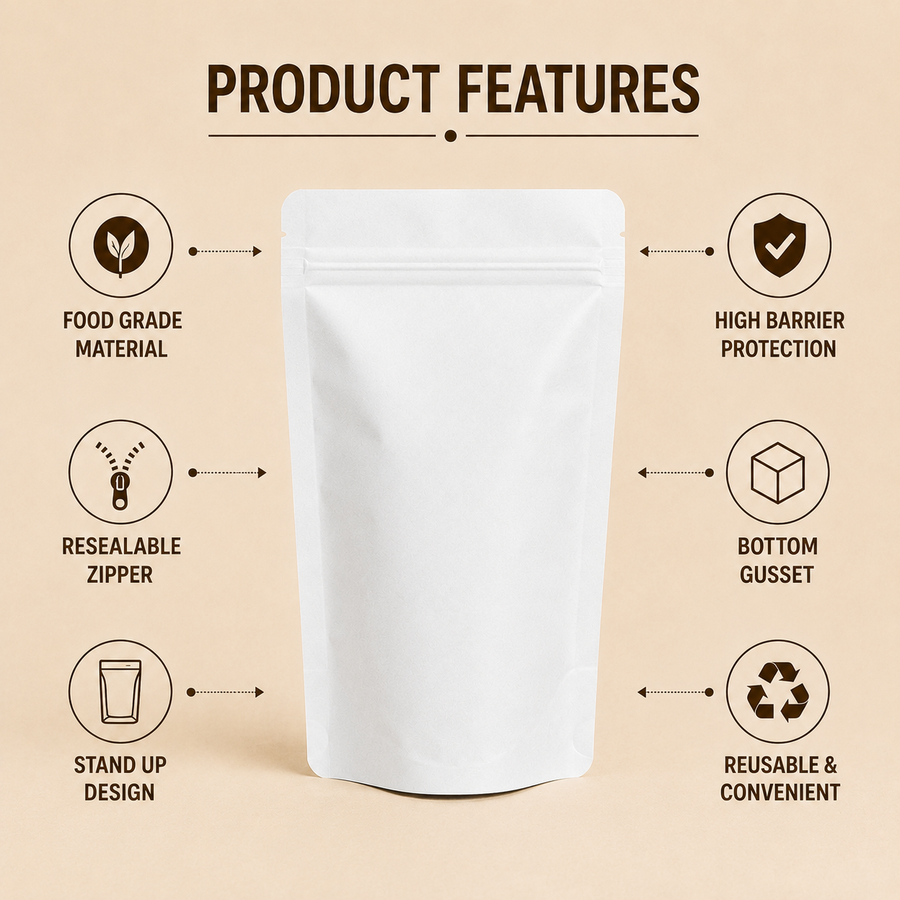 White Kraft Stand Up Pouch with Zipper