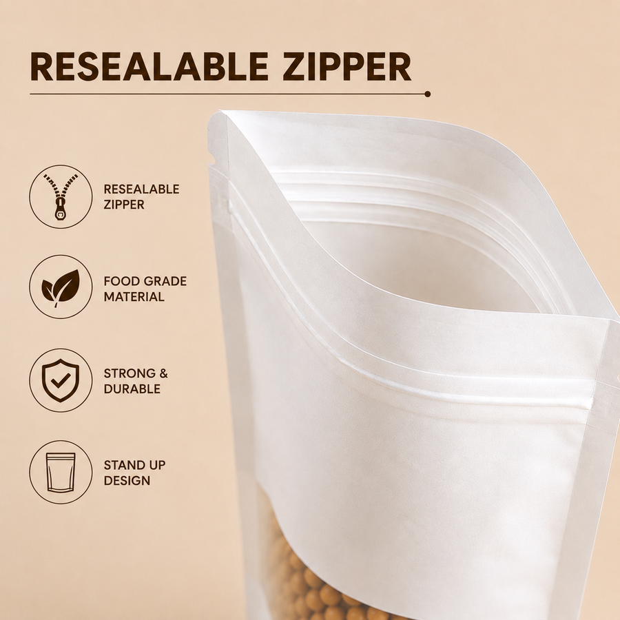 White Stand Up Pouch with Half Window & Zipper