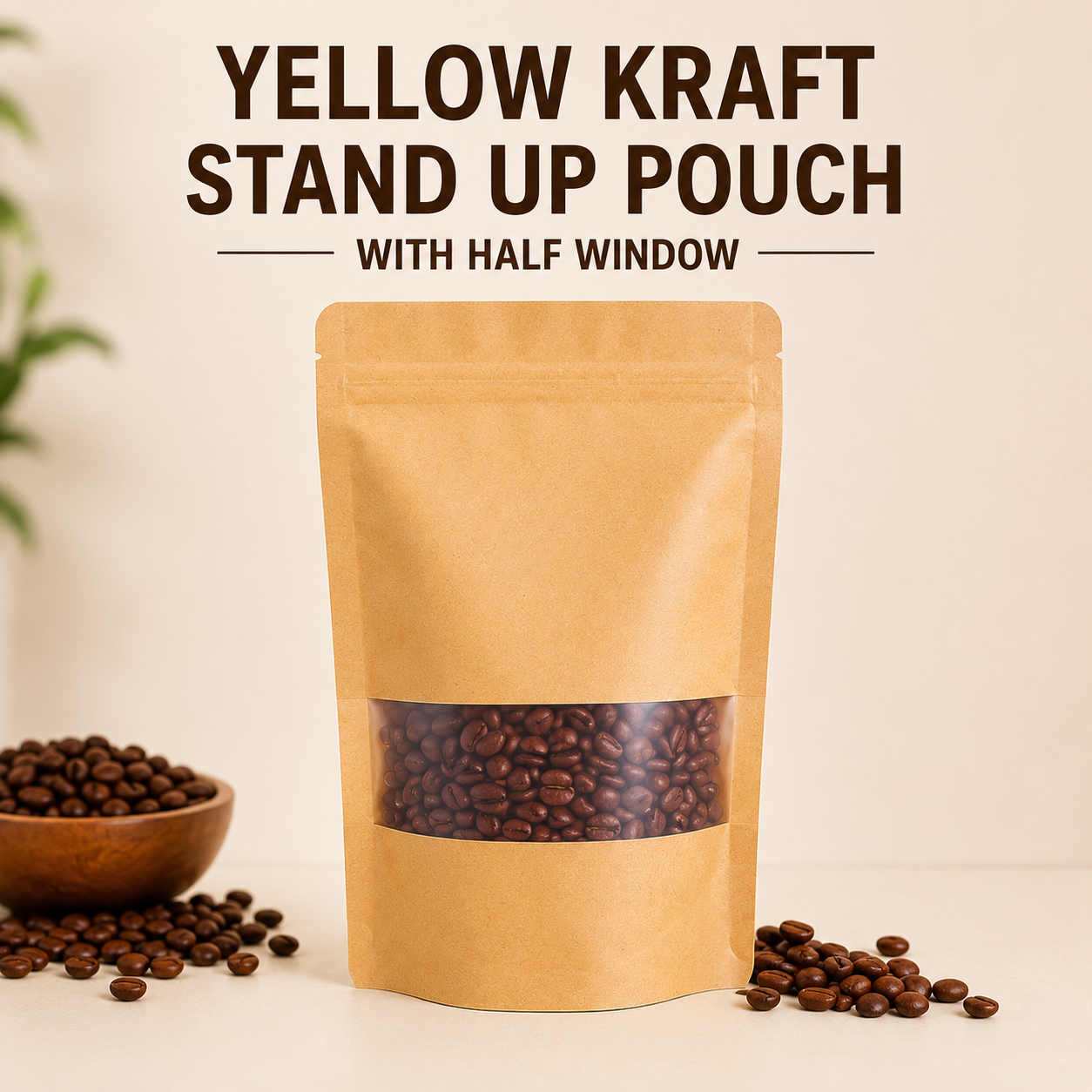 Yellow Kraft Stand Up Pouch with Half Window & Zipper