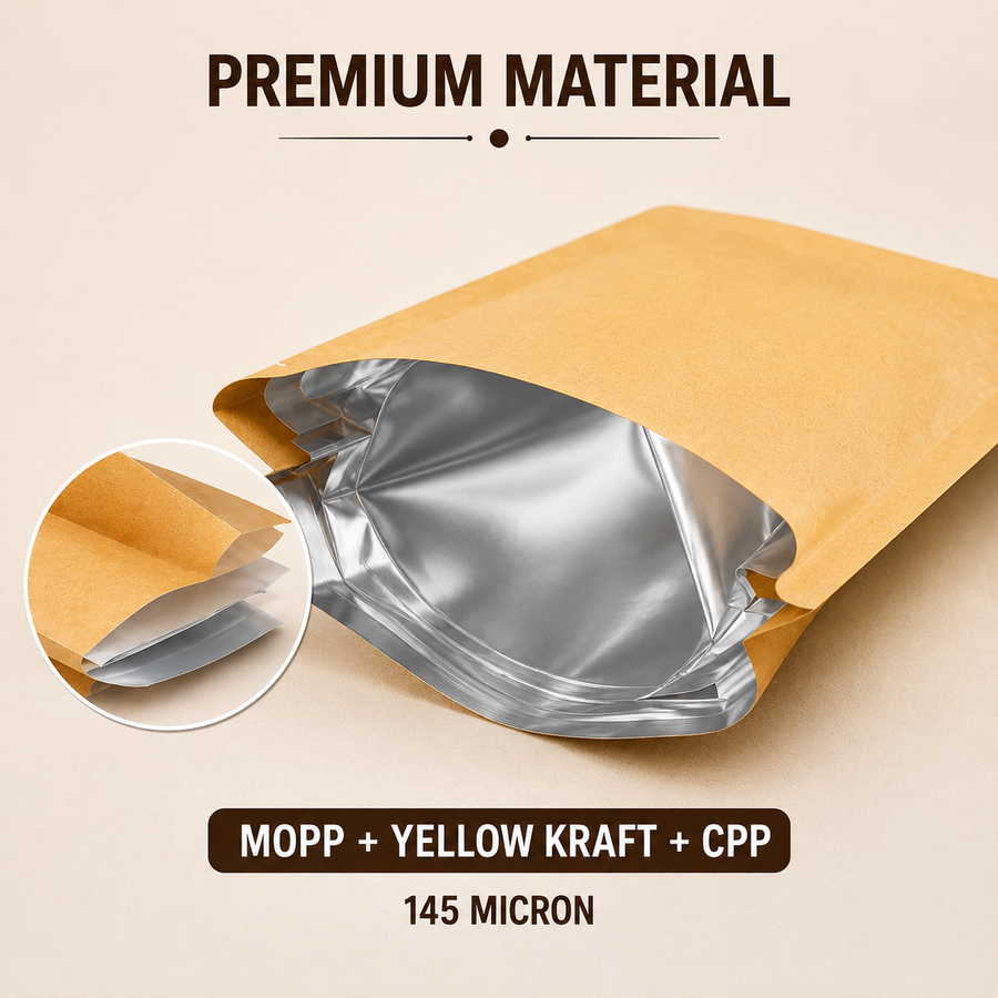 Yellow Kraft Stand Up Pouch with Half Window & Zipper