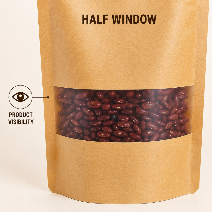 Yellow Kraft Stand Up Pouch with Half Window & Zipper