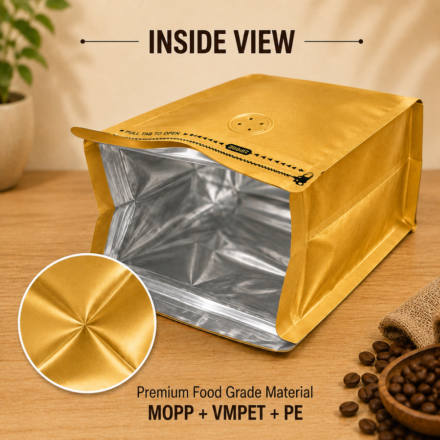 Golden Plastic Cube Eight-Side Seal Coffee Bag with Degassing Valve