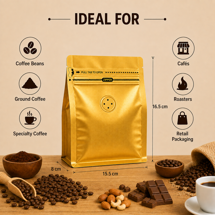 Golden Plastic Cube Eight-Side Seal Coffee Bag with Degassing Valve
