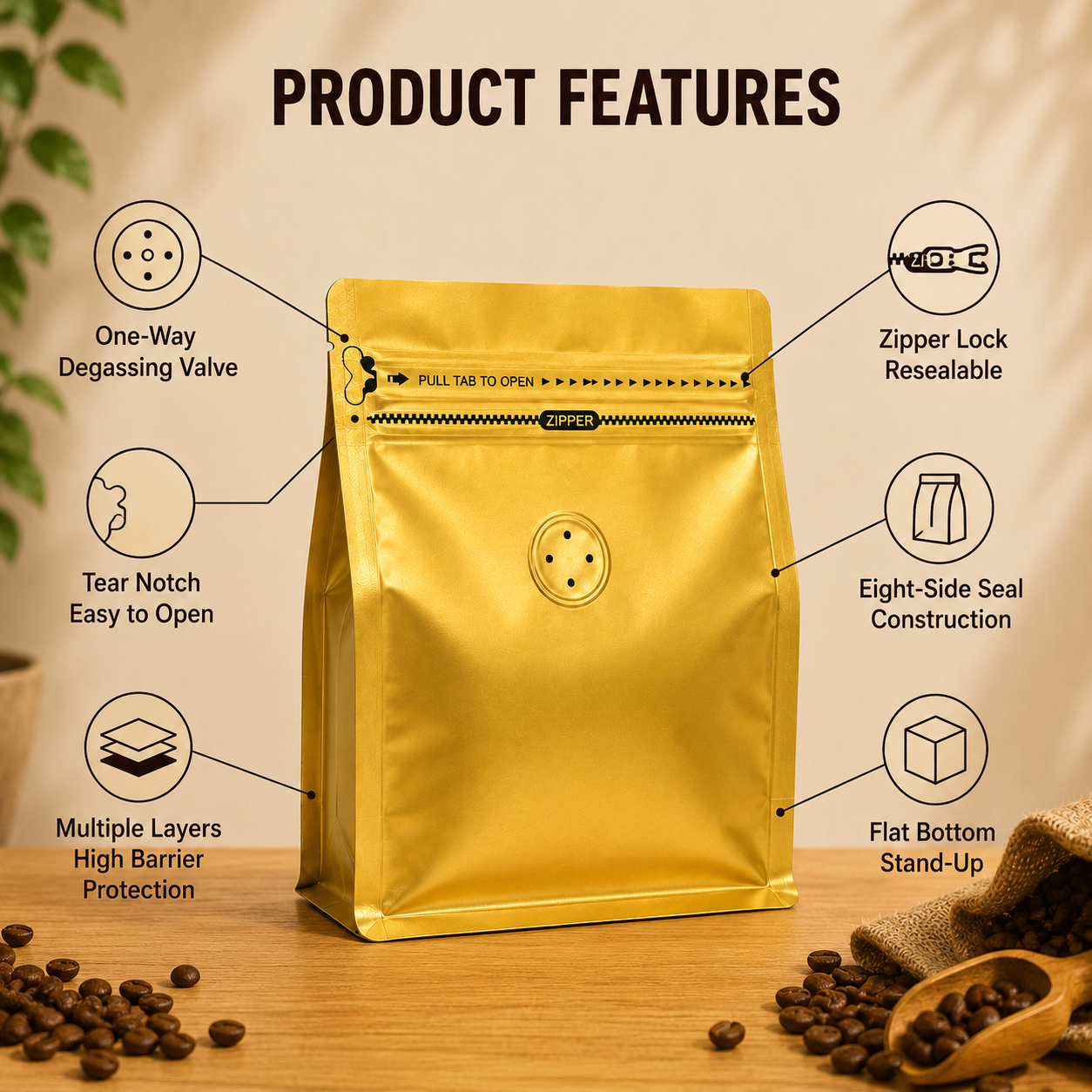 Golden Plastic Cube Eight-Side Seal Coffee Bag with Degassing Valve