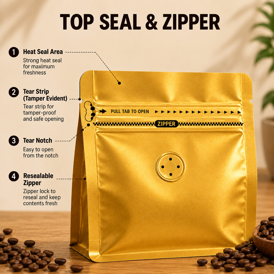 Golden Plastic Cube Eight-Side Seal Coffee Bag with Degassing Valve