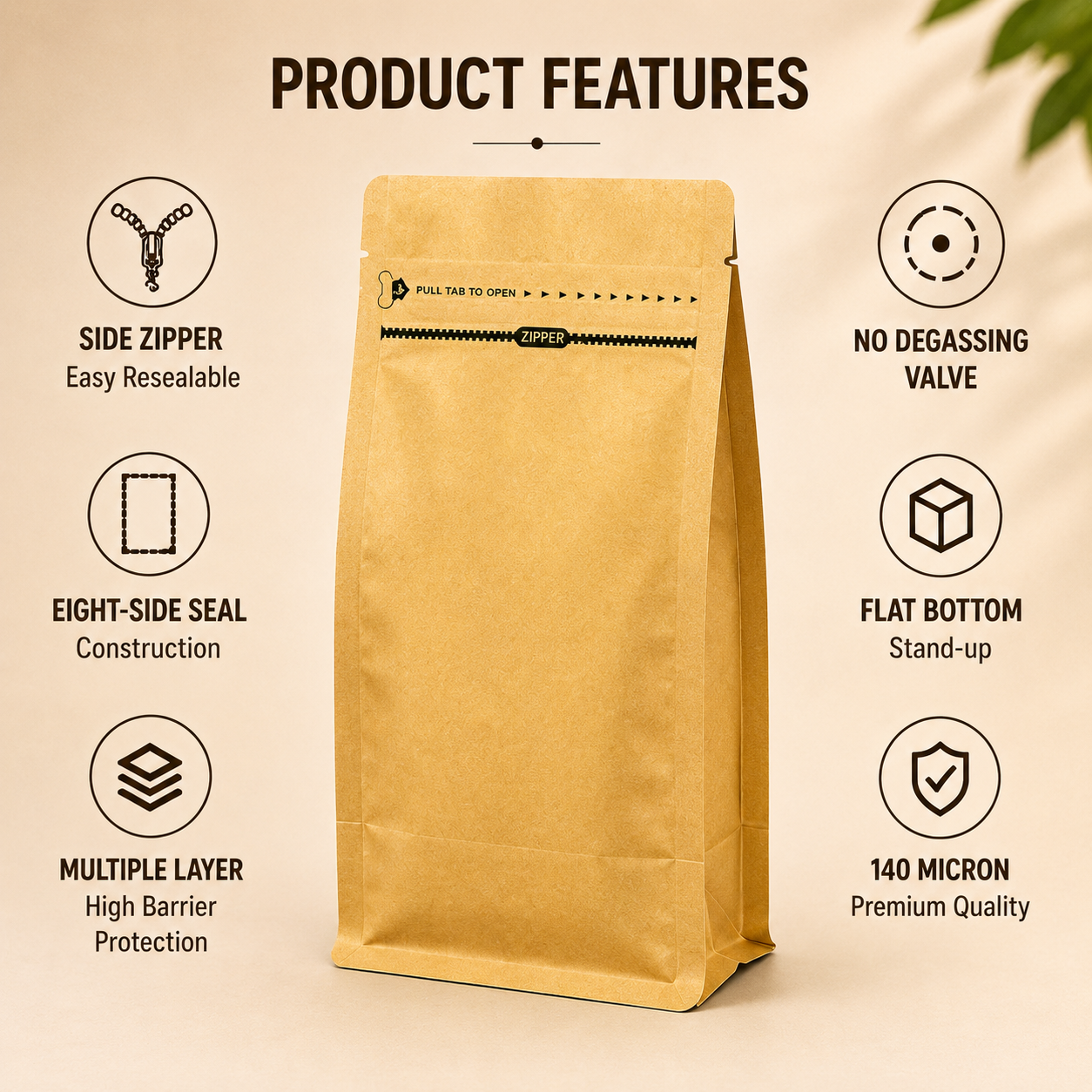 Golden Eight-Side Seal Coffee Bag with Side Zipper