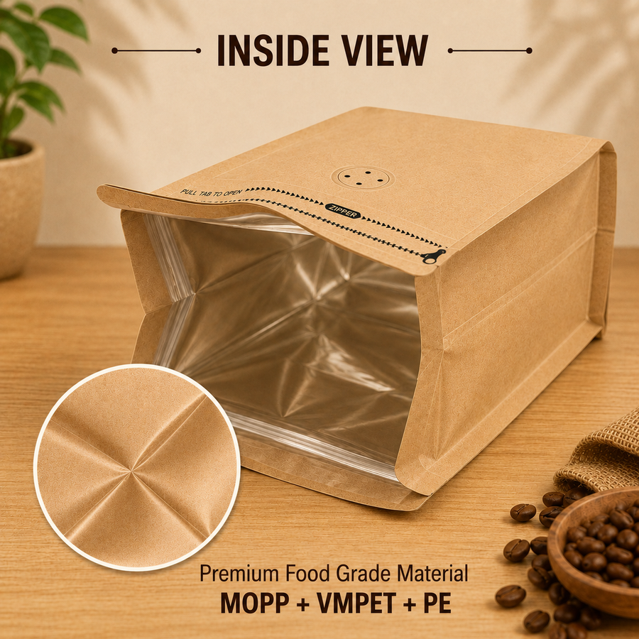 Yellow Kraft Cube Eight-Side Seal Coffee Bag with Degassing Valve