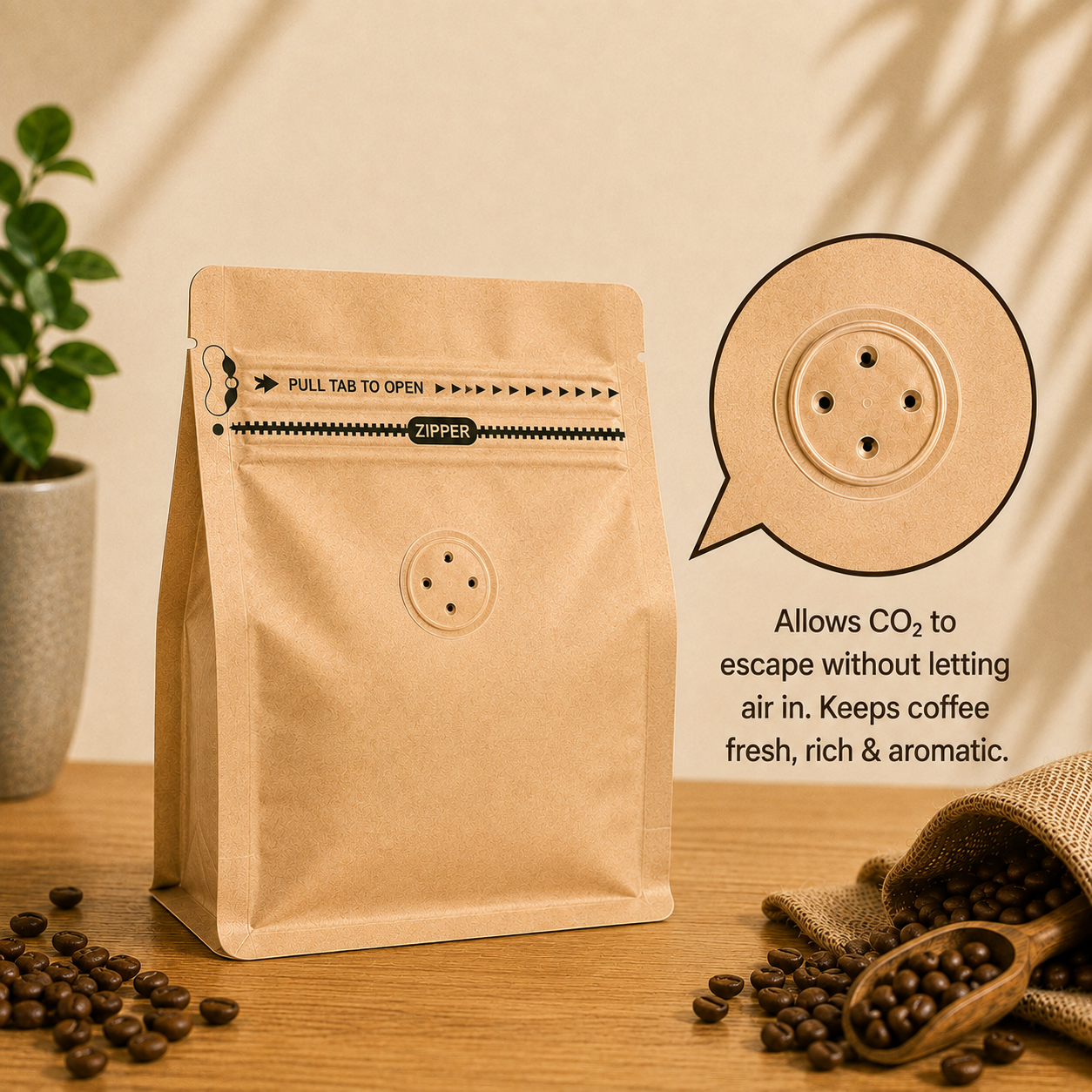 Yellow Kraft Cube Eight-Side Seal Coffee Bag with Degassing Valve