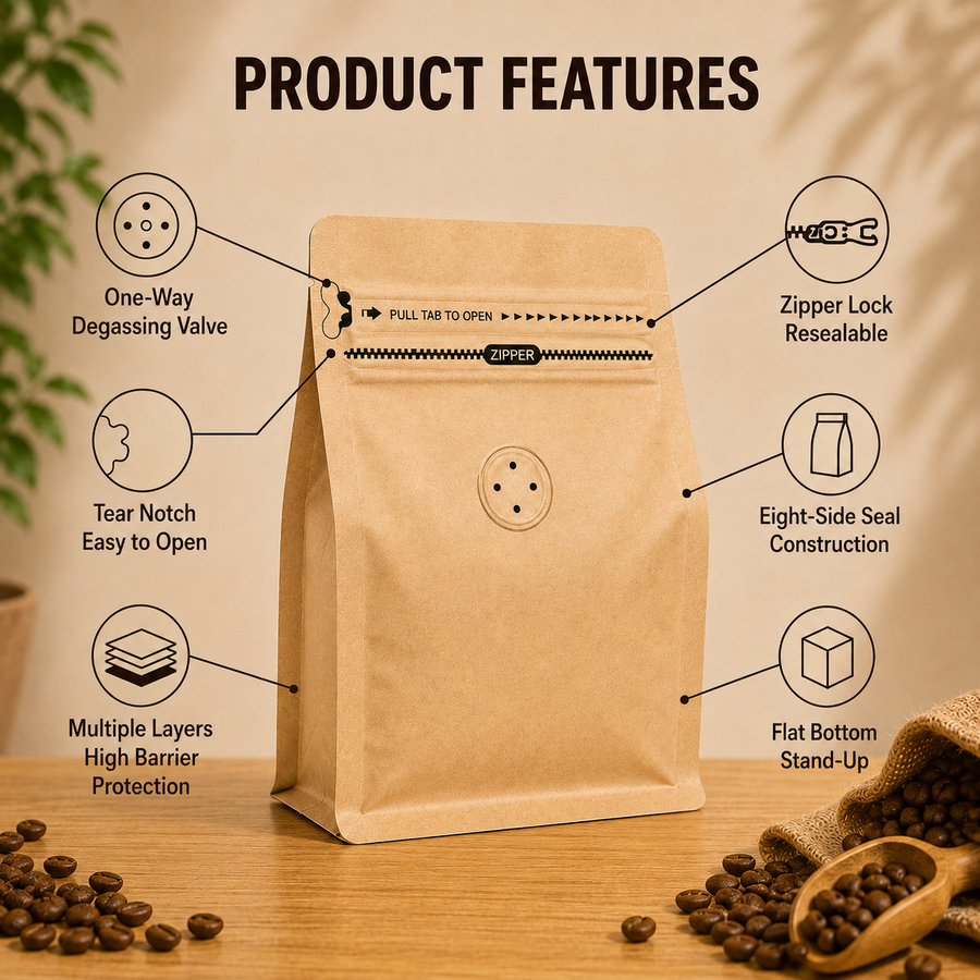 Yellow Kraft Cube Eight-Side Seal Coffee Bag with Degassing Valve
