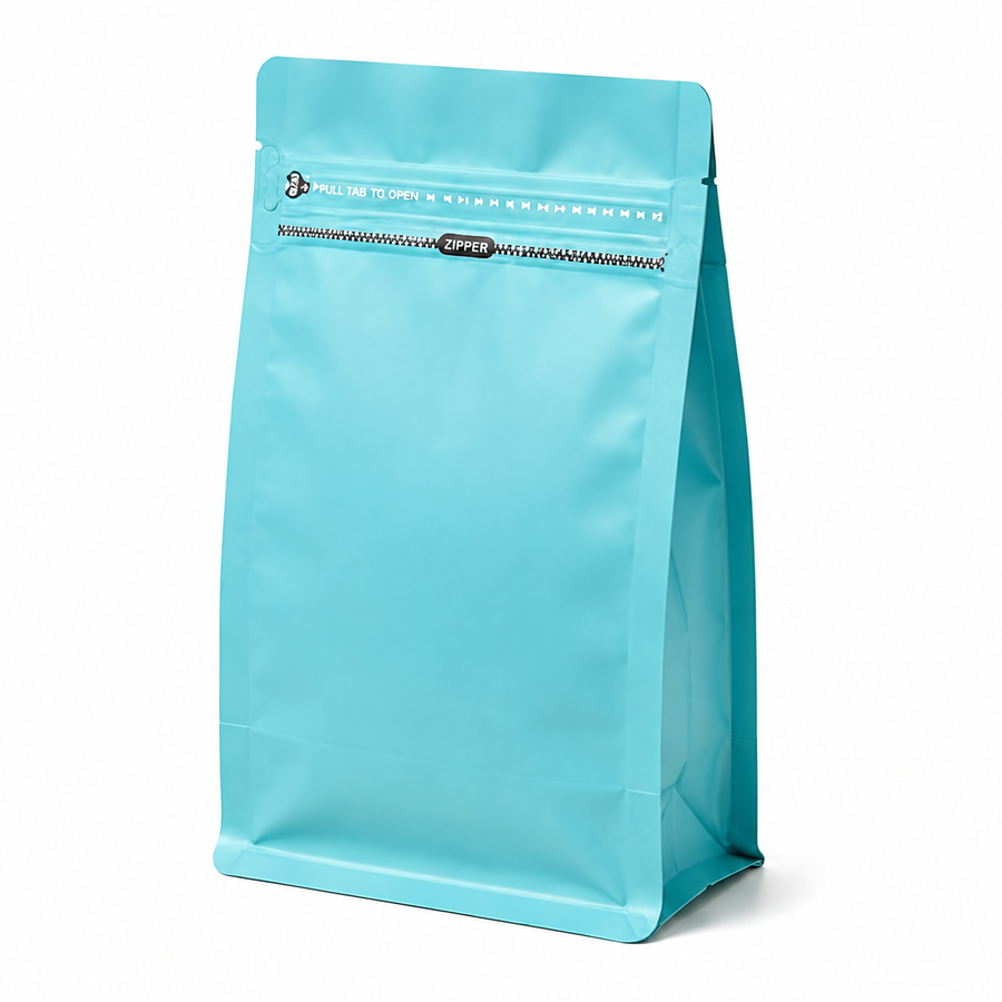 Light Blue Eight-Side Seal Coffee Bag with Side Zipper