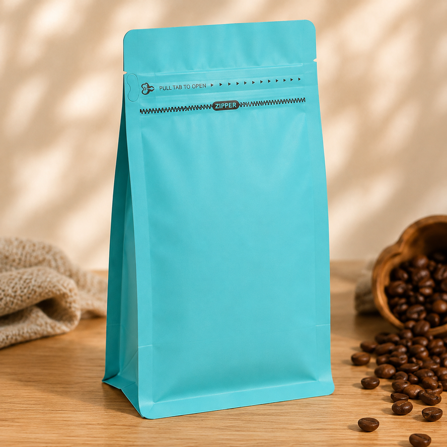 Light Blue Eight-Side Seal Coffee Bag with Side Zipper