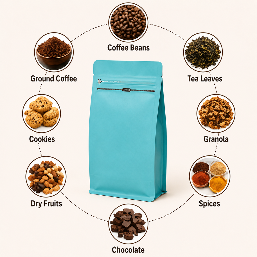 Light Blue Eight-Side Seal Coffee Bag with Side Zipper
