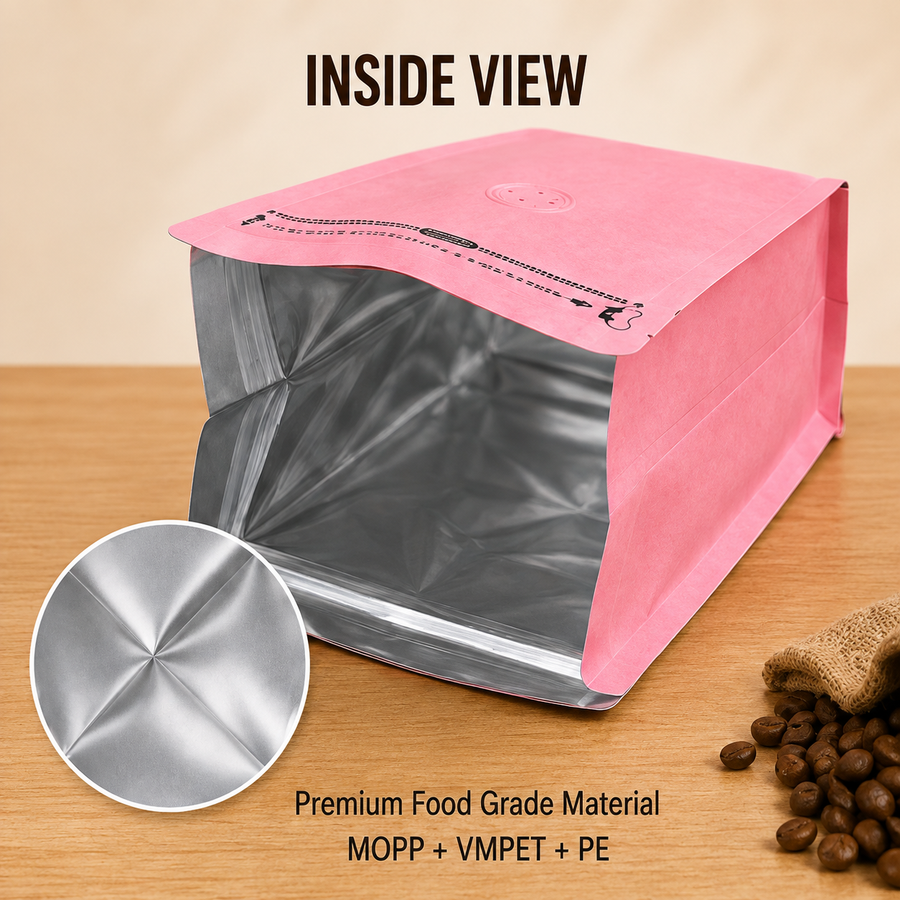 Pink Plastic Cube Eight-Side Seal Coffee Bag with Degassing Valve