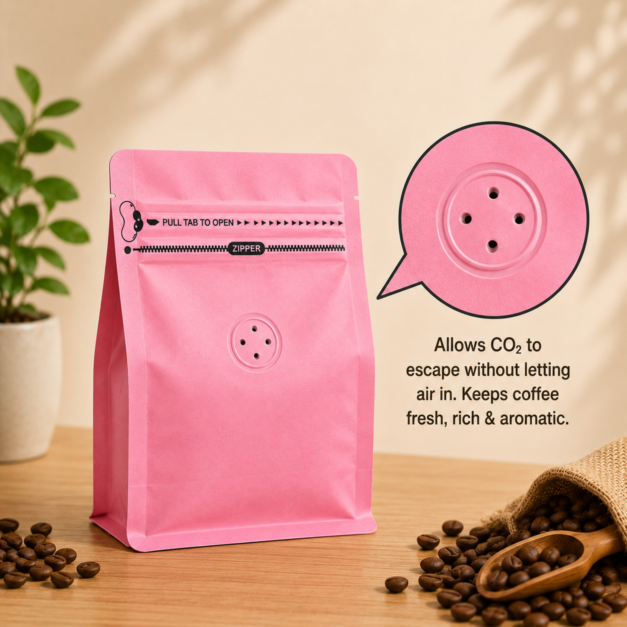 Pink Plastic Cube Eight-Side Seal Coffee Bag with Degassing Valve