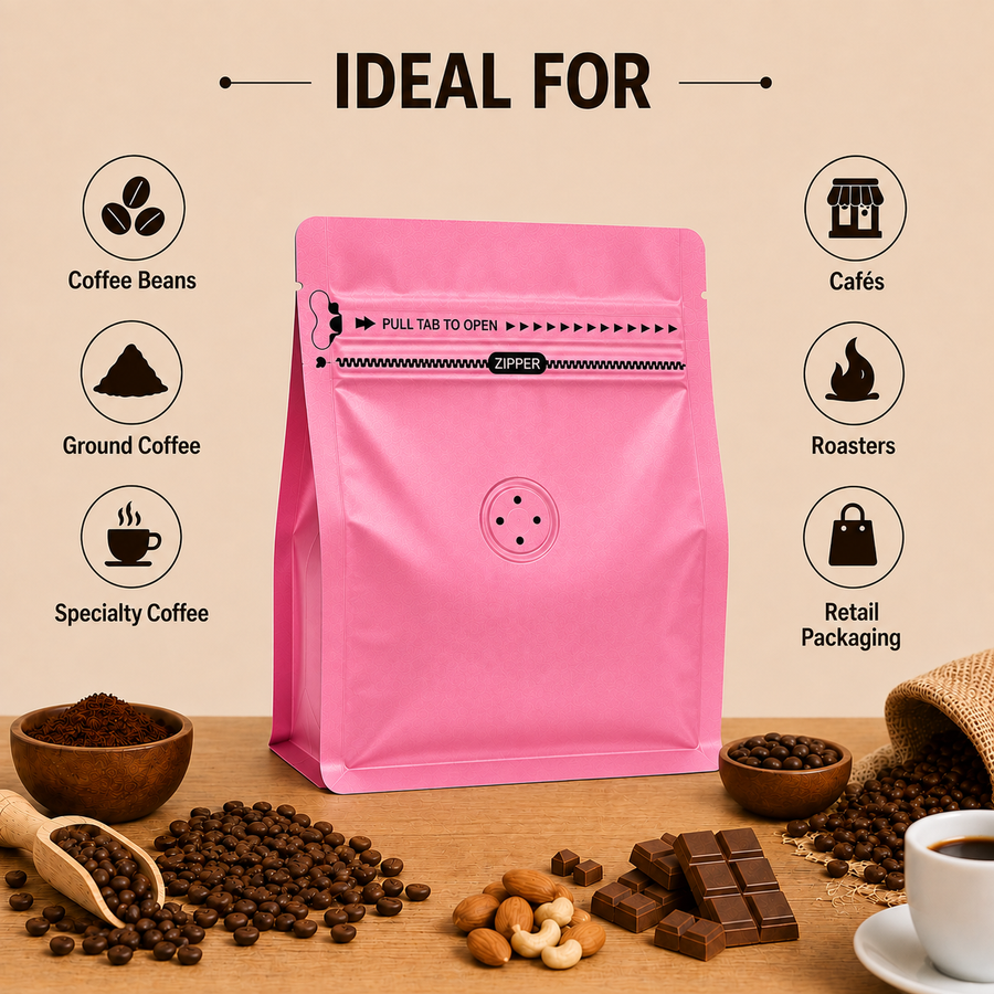 Pink Plastic Cube Eight-Side Seal Coffee Bag with Degassing Valve