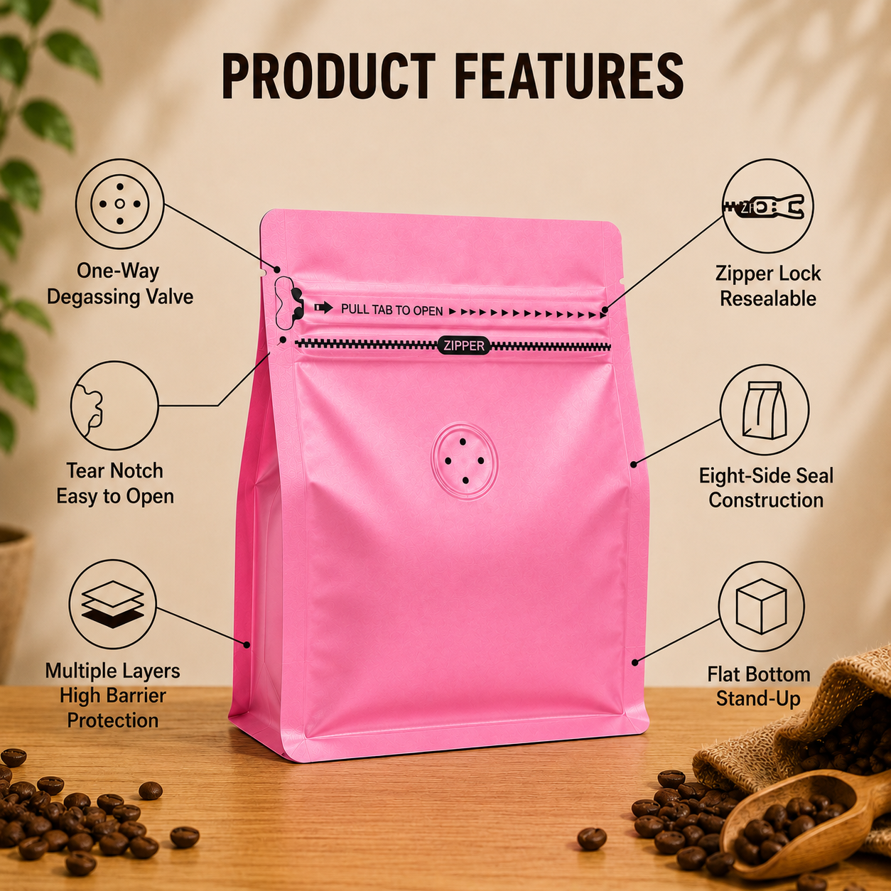 Pink Plastic Cube Eight-Side Seal Coffee Bag with Degassing Valve