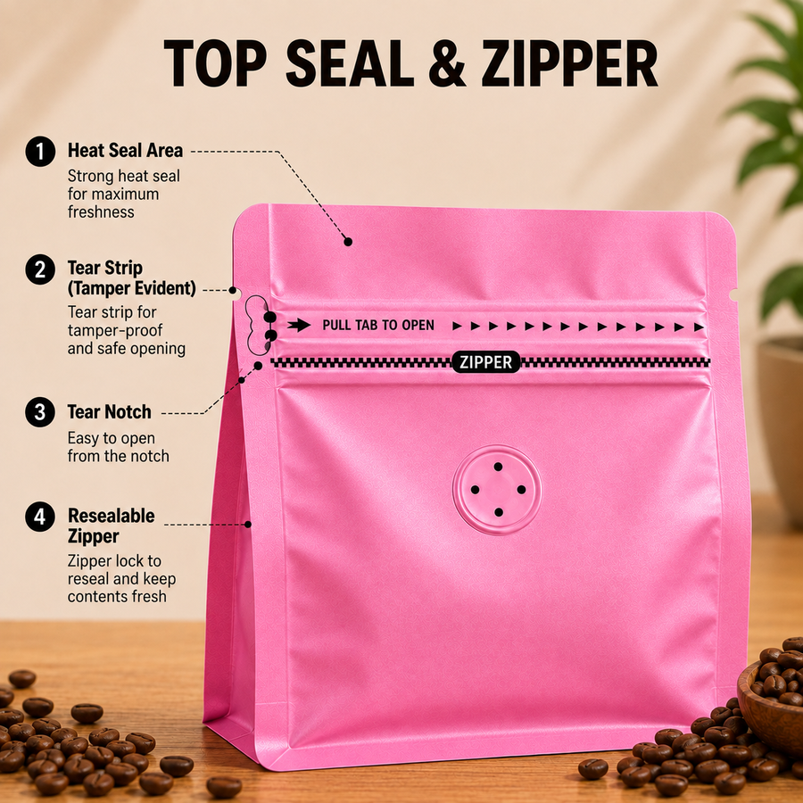 Pink Plastic Cube Eight-Side Seal Coffee Bag with Degassing Valve