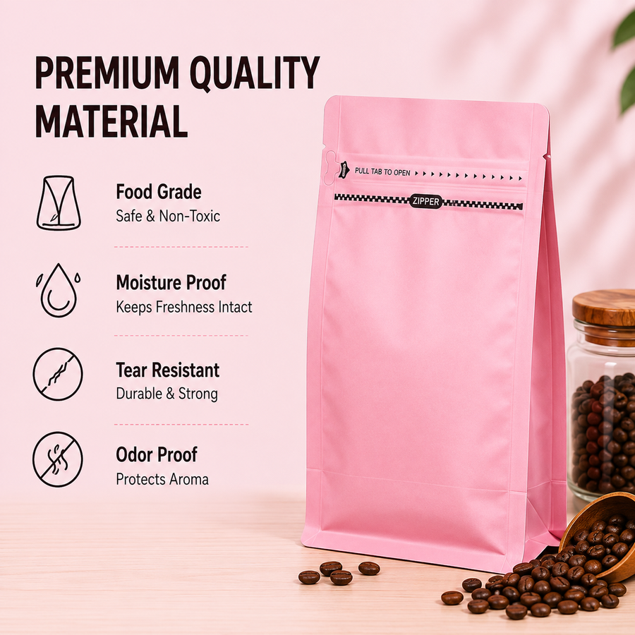 Pink Eight-Side Seal Coffee Bag with Side Zipper