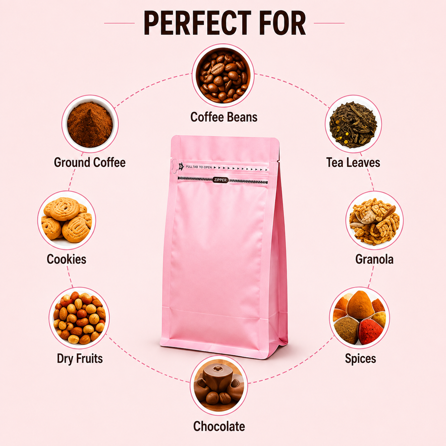 Pink Eight-Side Seal Coffee Bag with Side Zipper