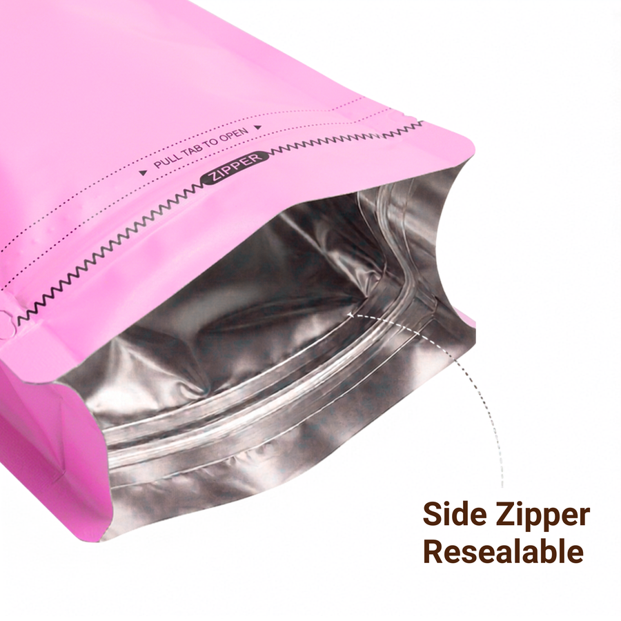 Pink Eight-Side Seal Coffee Bag with Side Zipper