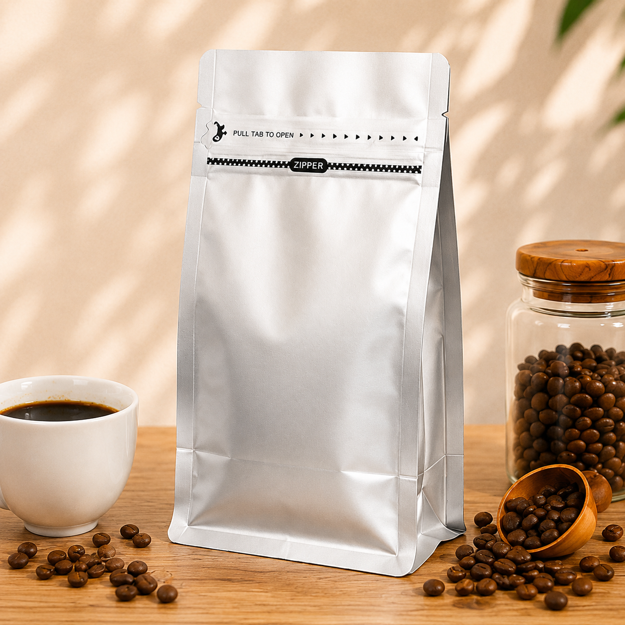 Silver Eight-Side Seal Coffee Bag with Side Zipper