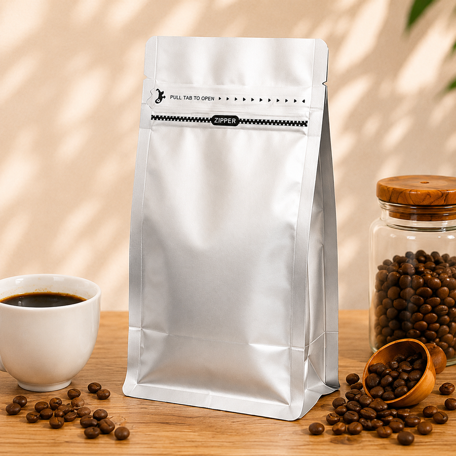 Silver Eight-Side Seal Coffee Bag with Side Zipper