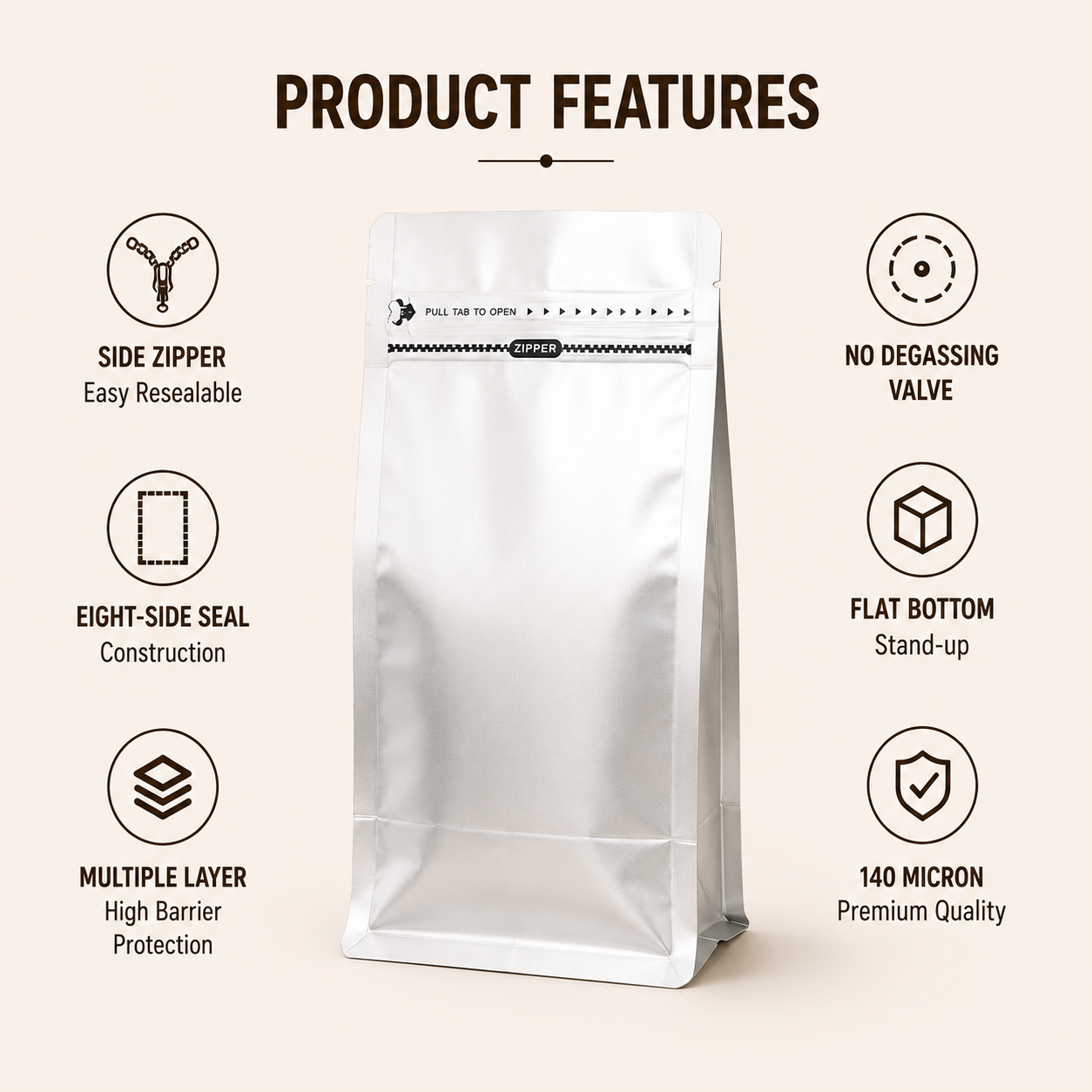 Silver Eight-Side Seal Coffee Bag with Side Zipper