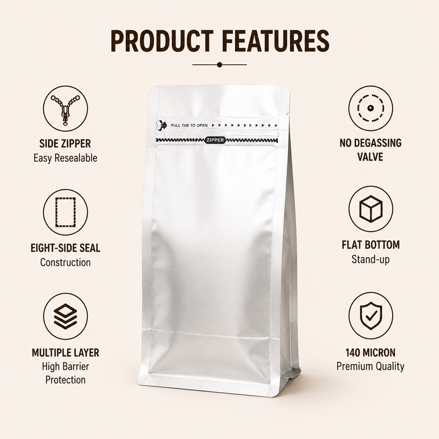 Silver Eight-Side Seal Coffee Bag with Side Zipper