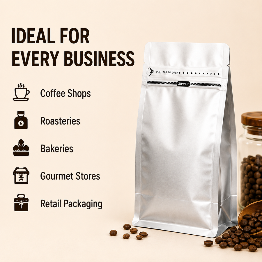 Silver Eight-Side Seal Coffee Bag with Side Zipper