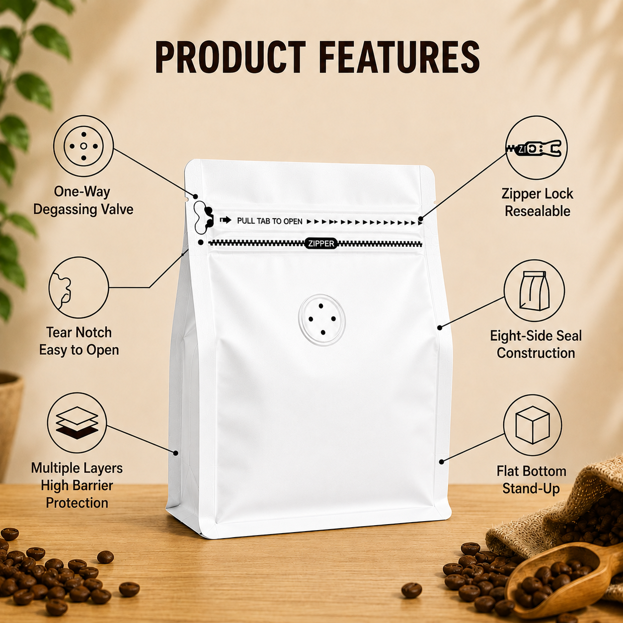 White Plastic Cube Eight-Side Seal Coffee Bag with Degassing Valve