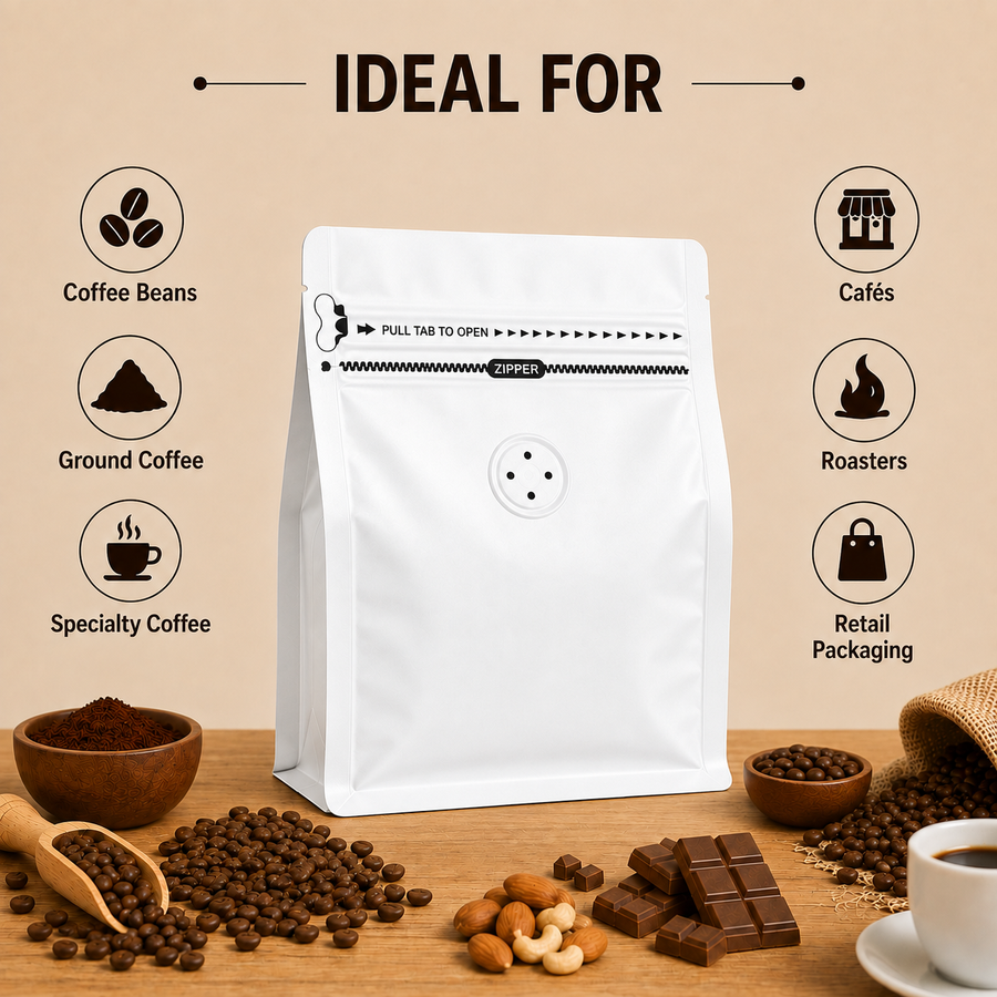 White Plastic Cube Eight-Side Seal Coffee Bag with Degassing Valve