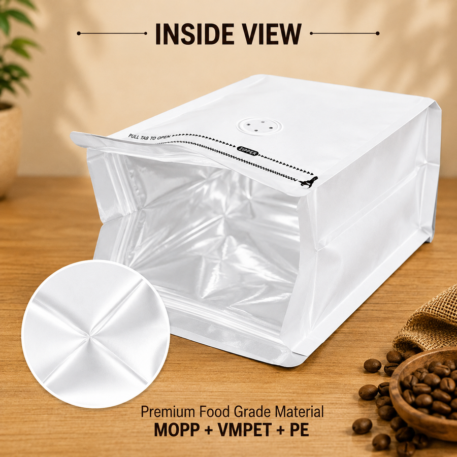 White Plastic Cube Eight-Side Seal Coffee Bag with Degassing Valve