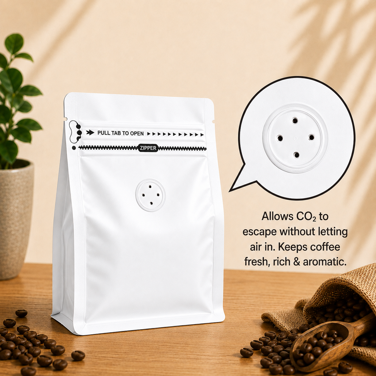 White Plastic Cube Eight-Side Seal Coffee Bag with Degassing Valve