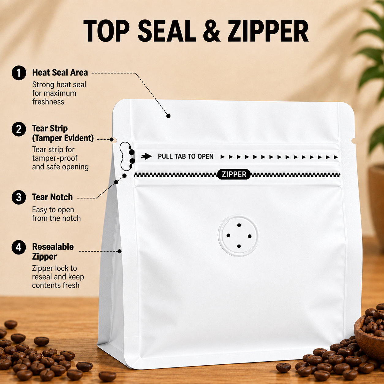 White Plastic Cube Eight-Side Seal Coffee Bag with Degassing Valve